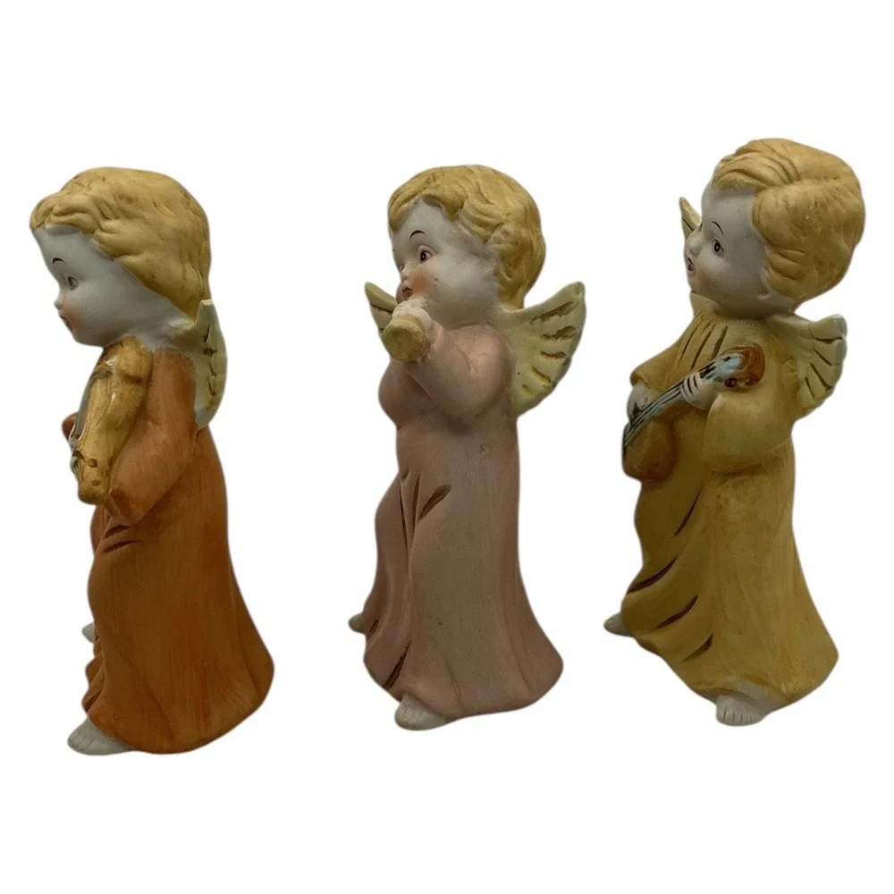 Homco 5400 Porcelain Angel Figurines Set of 3 Musical Instruments 6.25 in‎